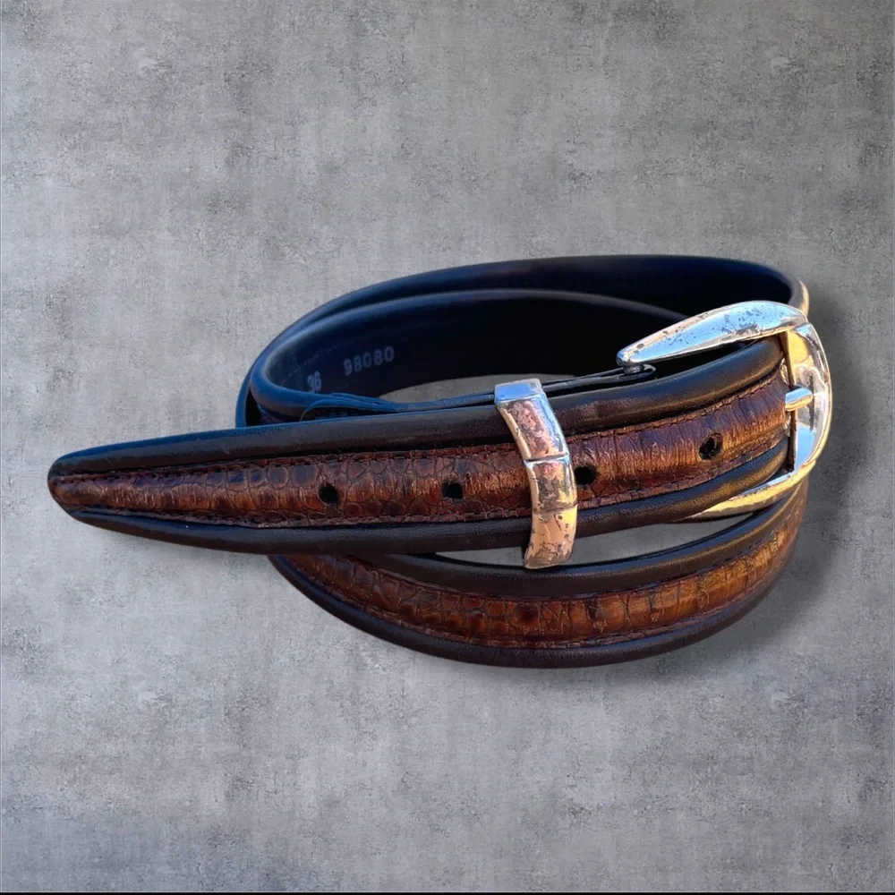 Brighton Leather Crocodile Pattern Browns with Black Belt Silver-tone Buckle 36